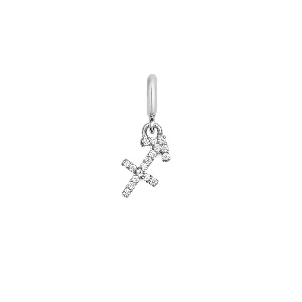 Sagittarius zodiac watch charm in polished silver stainless steel, featuring the Sagittarius symbol set with sparkling cubic zirconia crystals in a delicate claw setting.