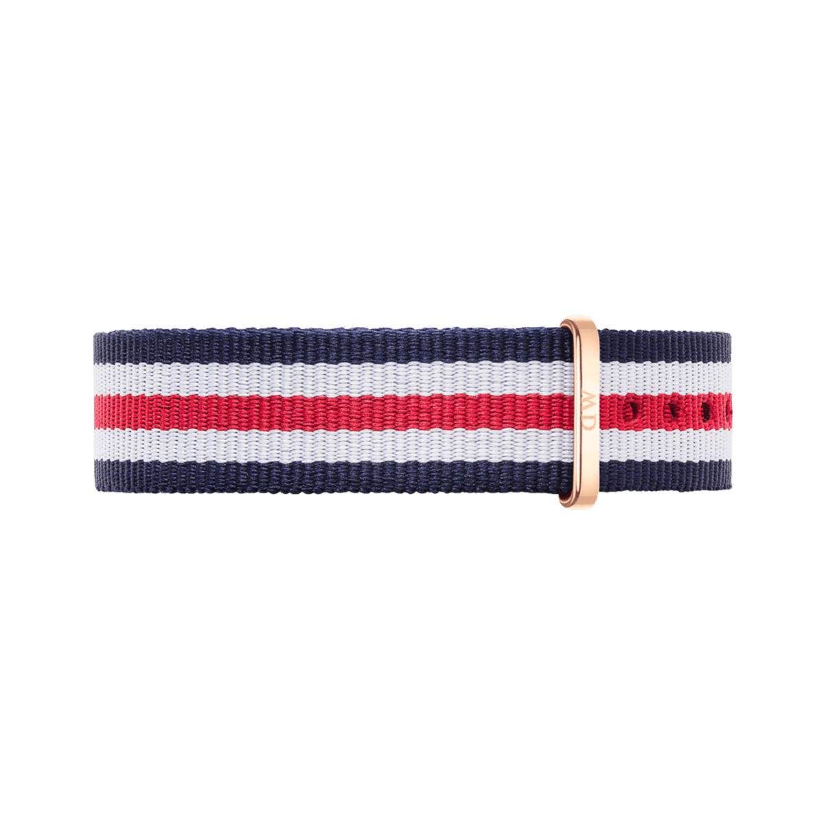 Striped navy blue, white, and red NATO watch strap with a polished rose gold buckle, designed for Daniel Wellington watches and crafted from durable polyester fabric.
