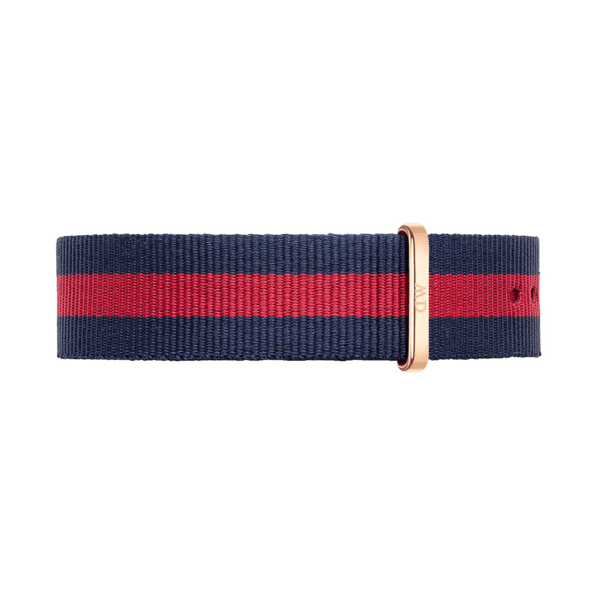 Navy and red striped nato watch strap with a polished rose gold buckle and keeper, crafted from durable polyester for Daniel Wellington timepieces.