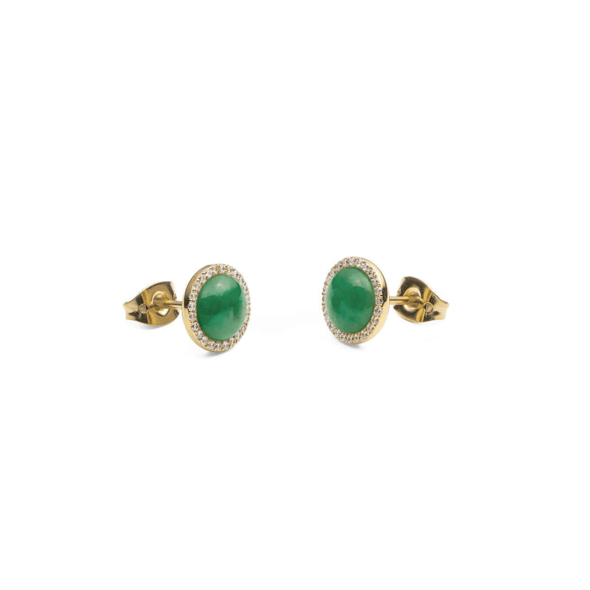 Audrey Earrings Jade Gold featuring oval green jade centrepieces, each surrounded by a halo of white cubic zirconia crystals and set in a polished gold finish with secure stud fastenings.