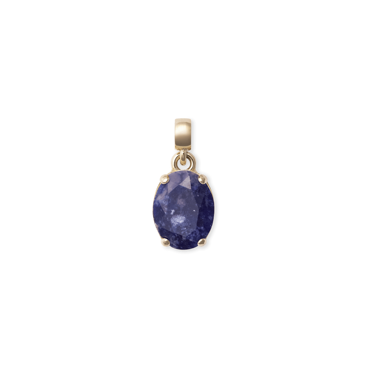 Oval gold charm featuring a deep blue, faceted semi-precious stone with natural veining, set in a polished gold-plated stainless steel frame.