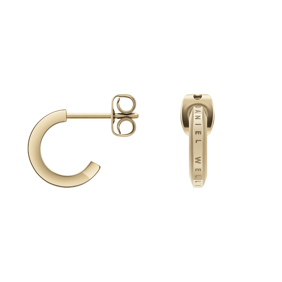 Elan Earrings Gold featuring a sleek, minimalist hoop design in polished stainless steel with PVD gold plating, engraved with the Daniel Wellington logo and finished with secure butterfly backs.