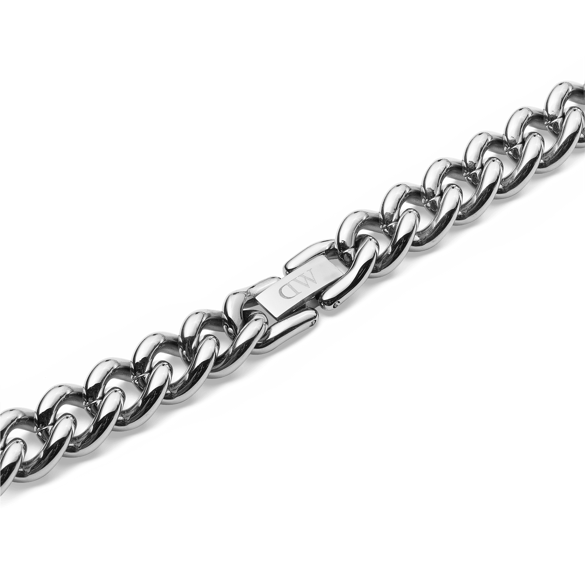 Detail of the Chunky Chain Necklace Silver showing the polished rounded links and engraved fold-over clasp in stainless steel.