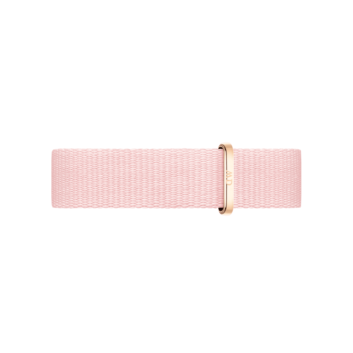 Light pink NATO watch strap in recycled polyester, featuring an adjustable rose gold buckle and a slim, minimalist design.