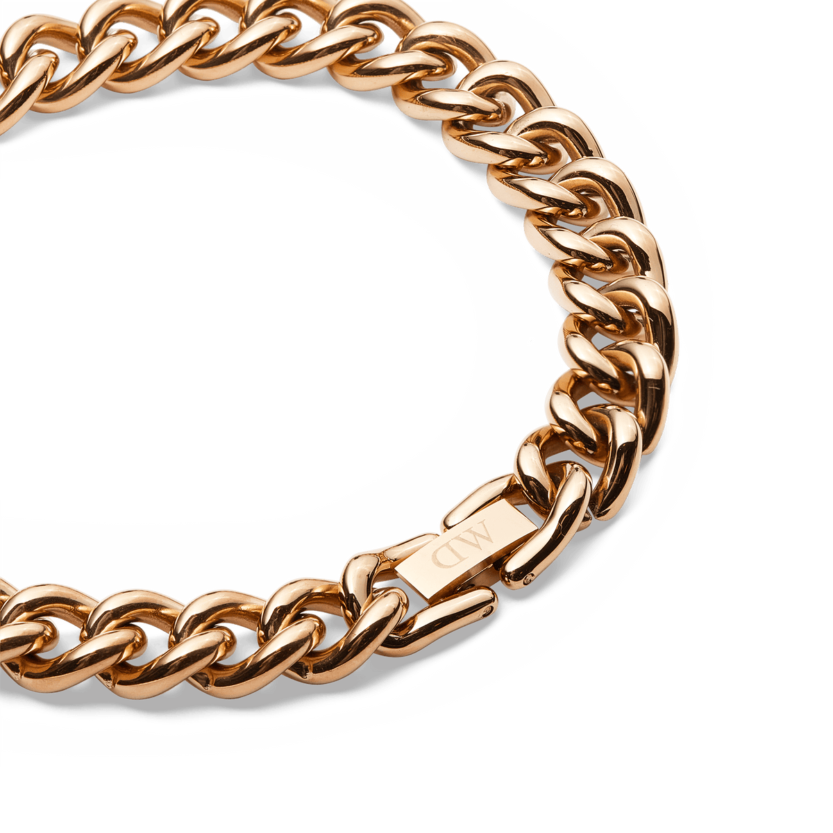 Detailed view of the Chunky Chain Bracelet Rose Gold, featuring polished rose gold-plated stainless steel links and a branded fold-over clasp.