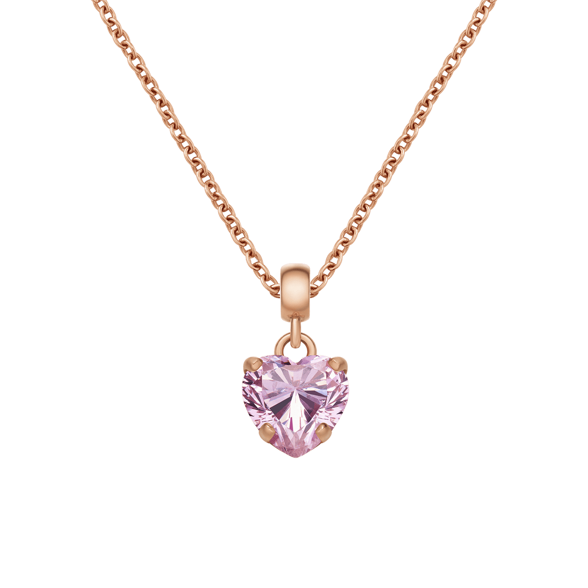 Rose gold necklace featuring a heart-shaped pink cubic zirconia charm in a claw setting, designed to add a romantic and elegant touch to any jewellery collection. The delicate chain and sparkling pink crystal create a refined look, perfect for layering or wearing on its own.