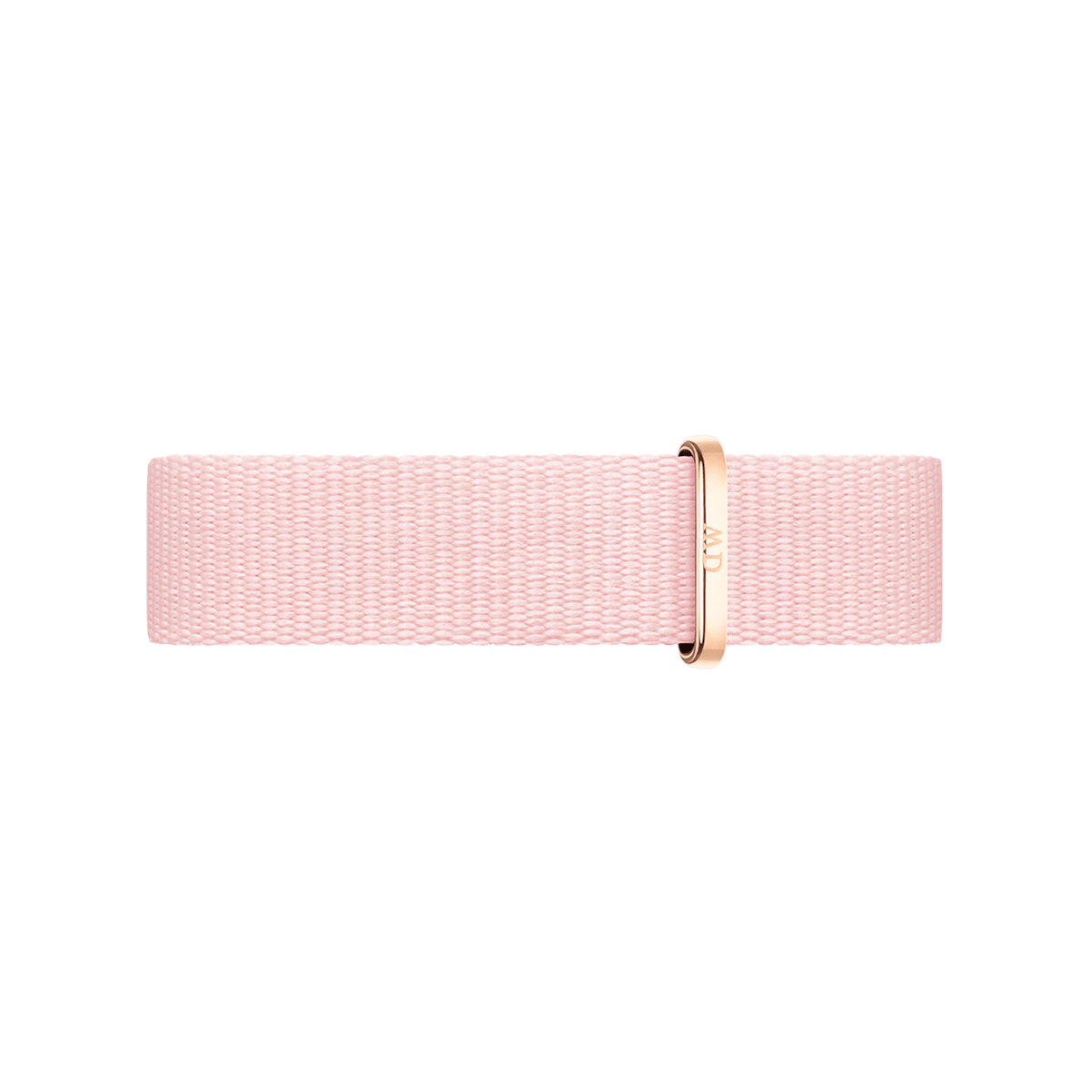 Light pink woven NATO watch strap made from recycled polyester, featuring a rose gold buckle and a subtle, elegant sheen. The strap’s minimalist design and soft texture offer a refined, modern look suitable for both men’s and women’s watches.