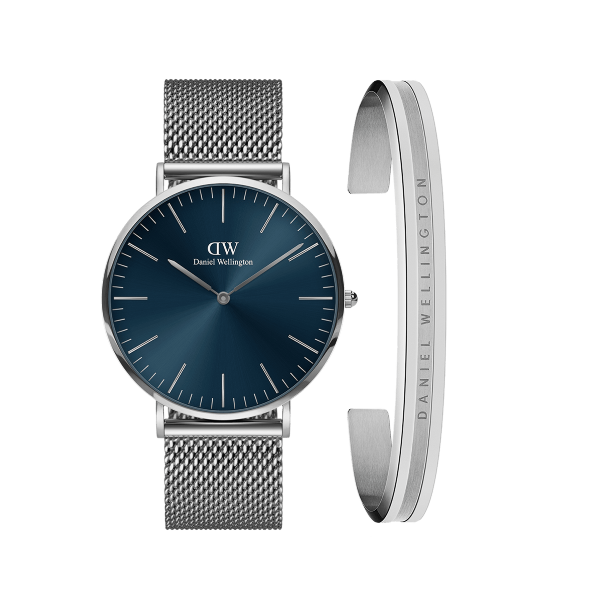 Silver Daniel Wellington watch with a deep blue minimalist dial and mesh strap, paired with a polished silver Elan bracelet engraved with the brand’s name. This elegant set combines contemporary style with classic design, ideal for both everyday wear and special occasions.