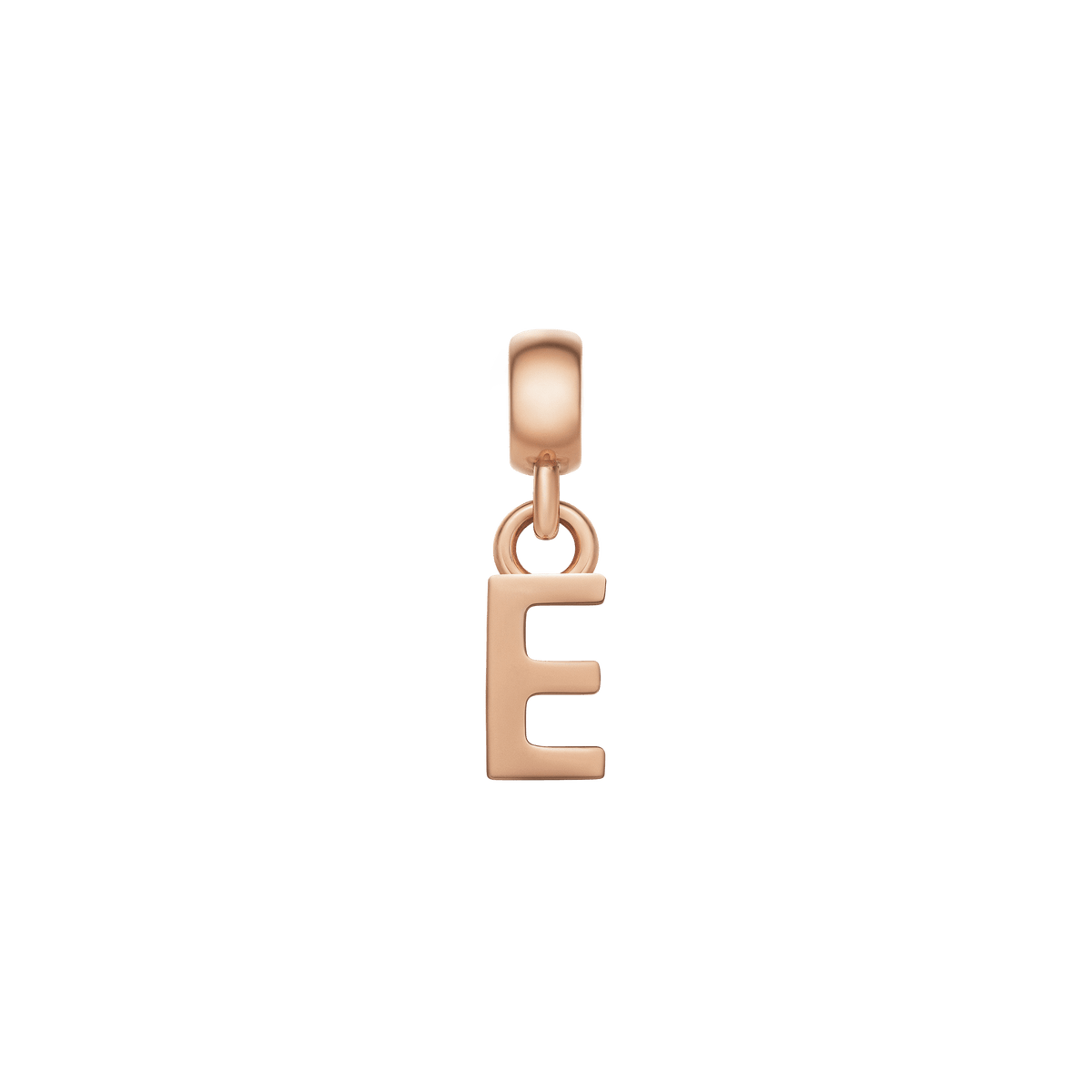 Rose gold letter E charm with a minimalist, polished design, crafted from stainless steel and featuring a secure anti-slip silicone lining for easy styling on bracelets or necklaces.
