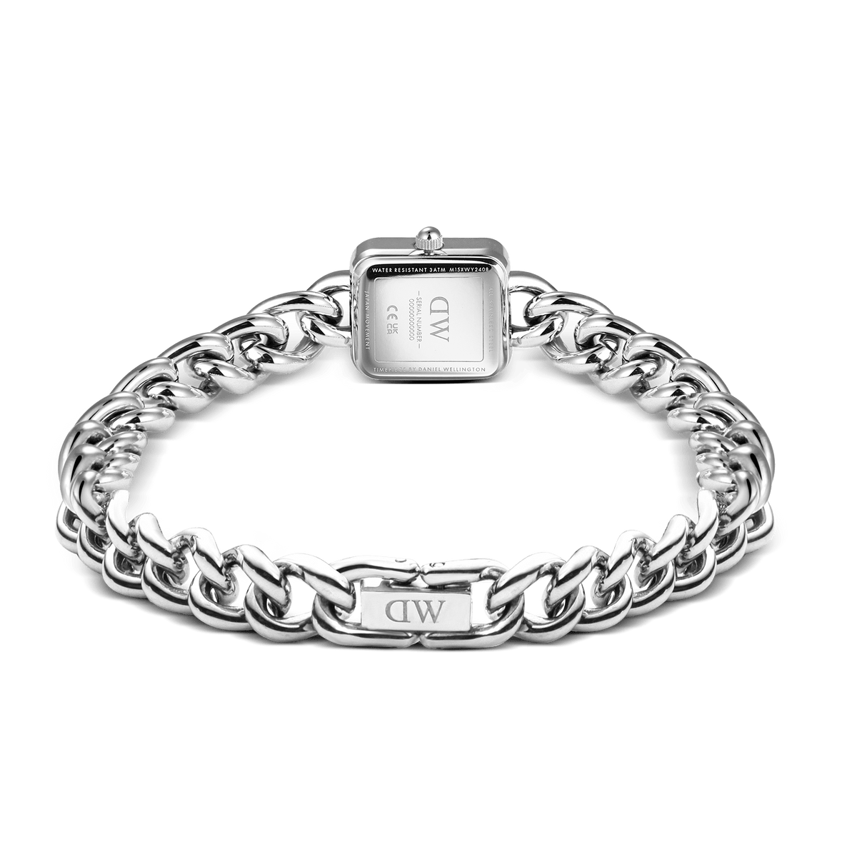 Back view of Jolie Chain Silver women’s watch showing polished stainless steel chain bracelet and engraved clasp detail.