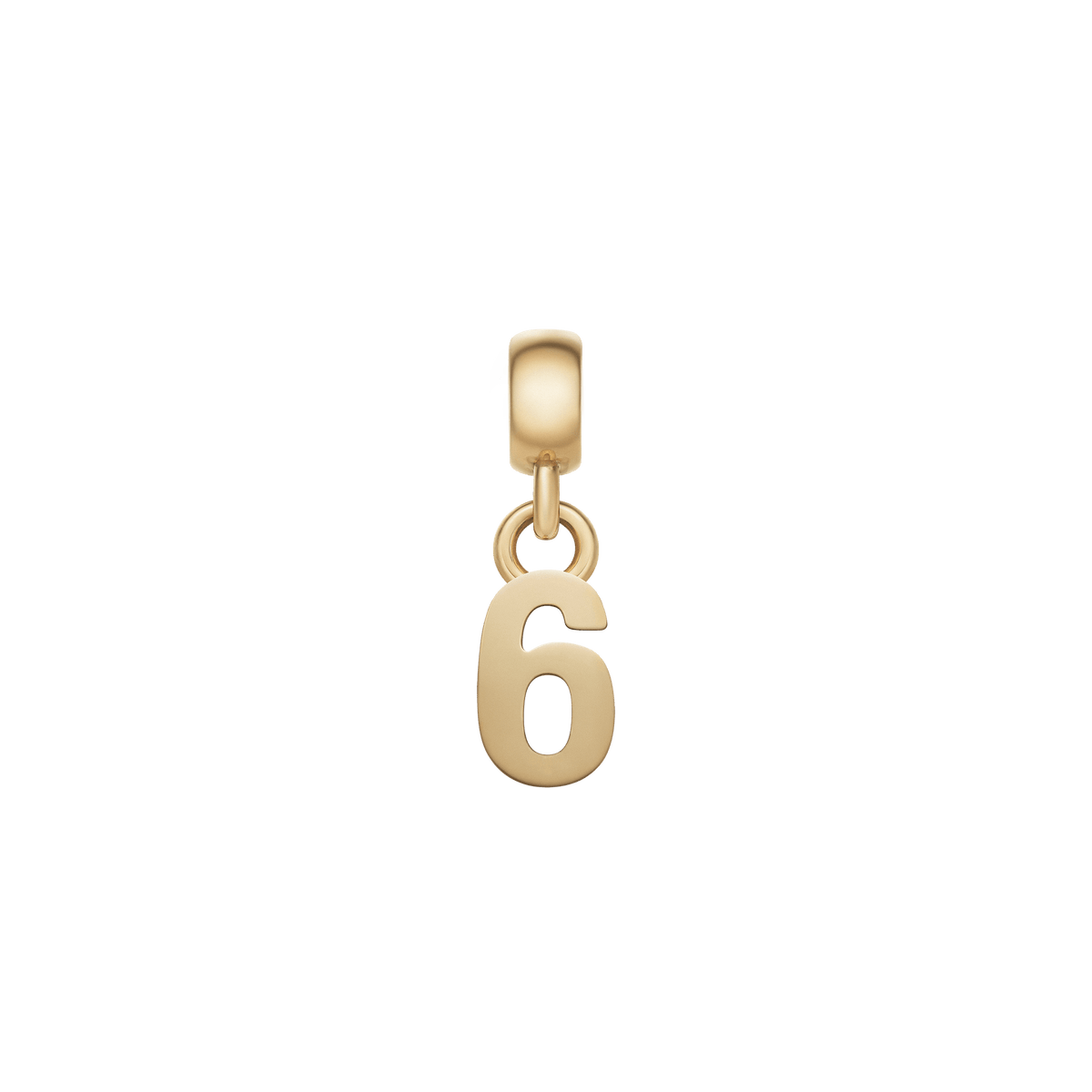 Number 6 gold charm with a polished, modern finish, crafted from stainless steel with PVD gold plating and designed to fit bracelets or necklaces securely.
