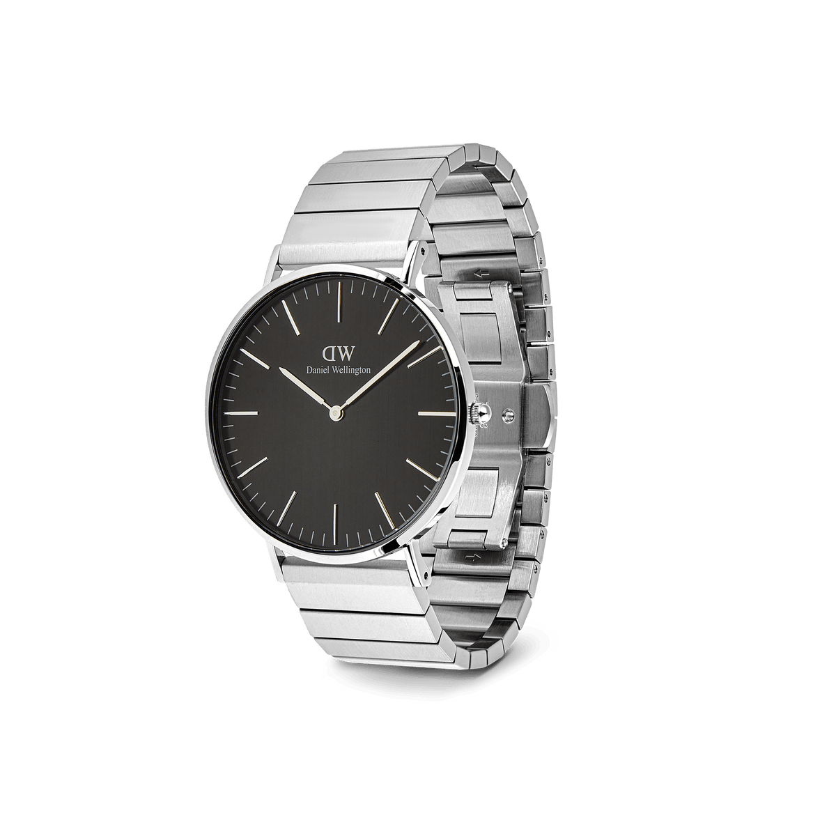 Classic Piano Link Onyx Silver watch with a brushed black dial, minimalist markers, and a polished silver piano link strap in a three-quarter angled view.