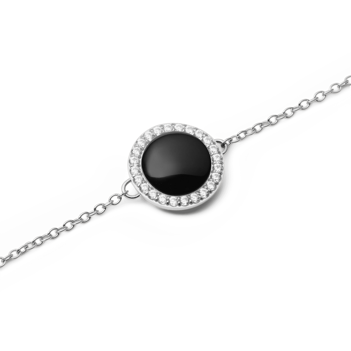 Close-up of Audrey Bracelet Black Agathe Silver featuring a domed black agate stone and cubic zirconia halo on a fine silver chain.