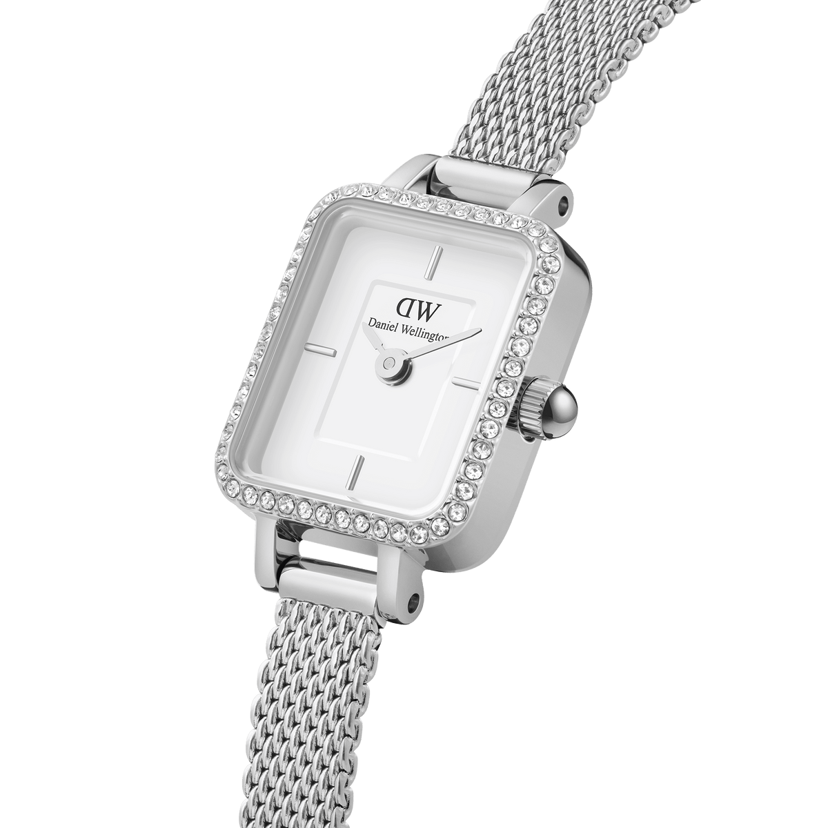 Quadro Mini Lumine Bezel Silver women’s watch with crystal-set rectangular case and fine stainless steel mesh strap.