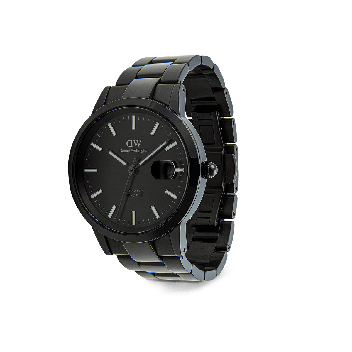 Daniel Wellington Iconic Link Automatic Black watch with a polished black stainless steel bracelet, minimalist enamel dial, and magnified date window.