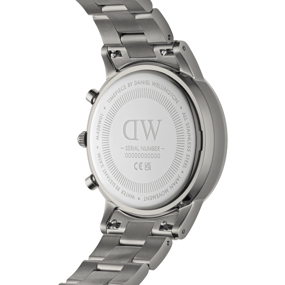 Back view of the Daniel Wellington Iconic Chronograph Link Graphite watch, showing the engraved stainless steel case back, brushed link bracelet, and detailed branding.