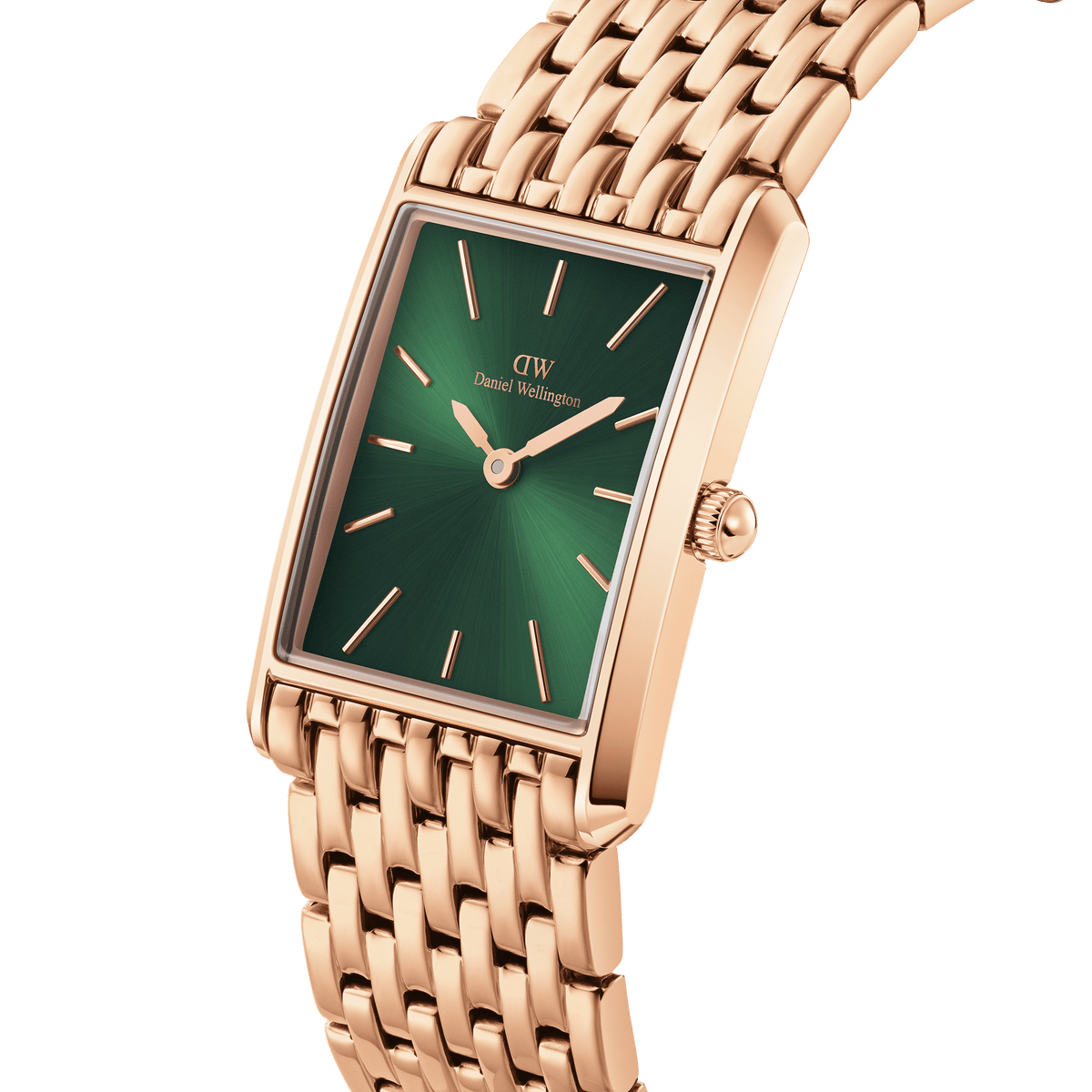 Bound 9-Link Emerald Sunray women’s watch with a rectangular rose gold case, emerald green sunray dial, and a polished 9-link bracelet.