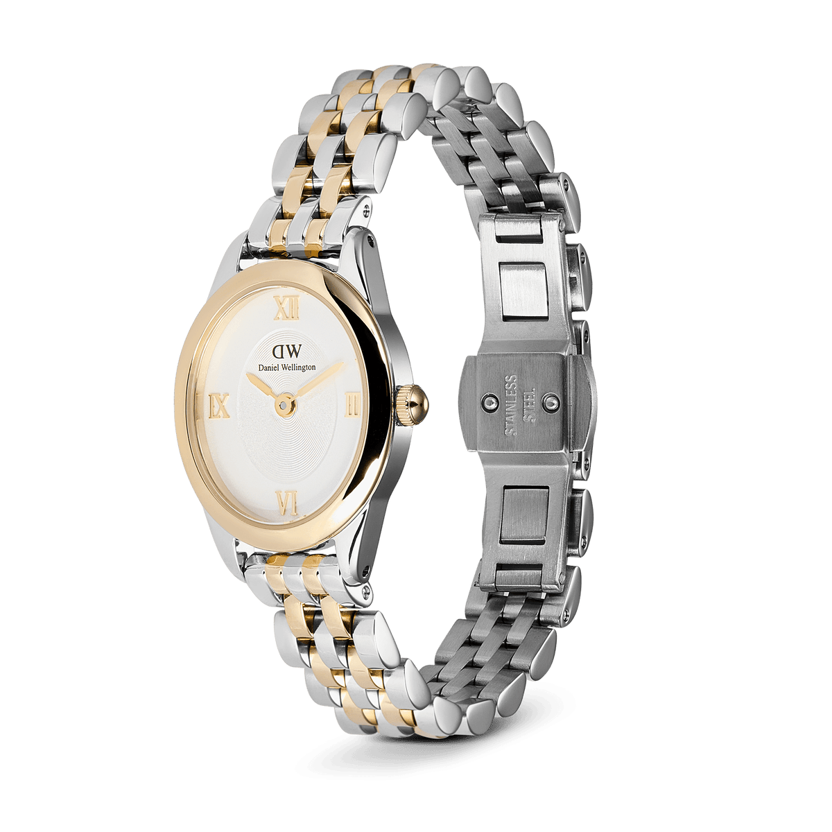 Ophelia Mini Two Tone Gold women’s watch with oval gold-silver case, 5-link bracelet, and Roman numeral sunray dial.