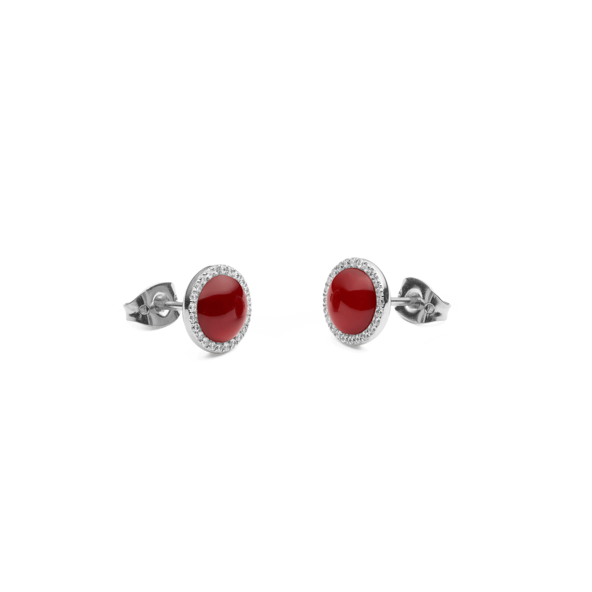 Audrey Earrings in red agate and silver with cubic zirconia halo, elegant stud design, perfect for everyday or special occasions.