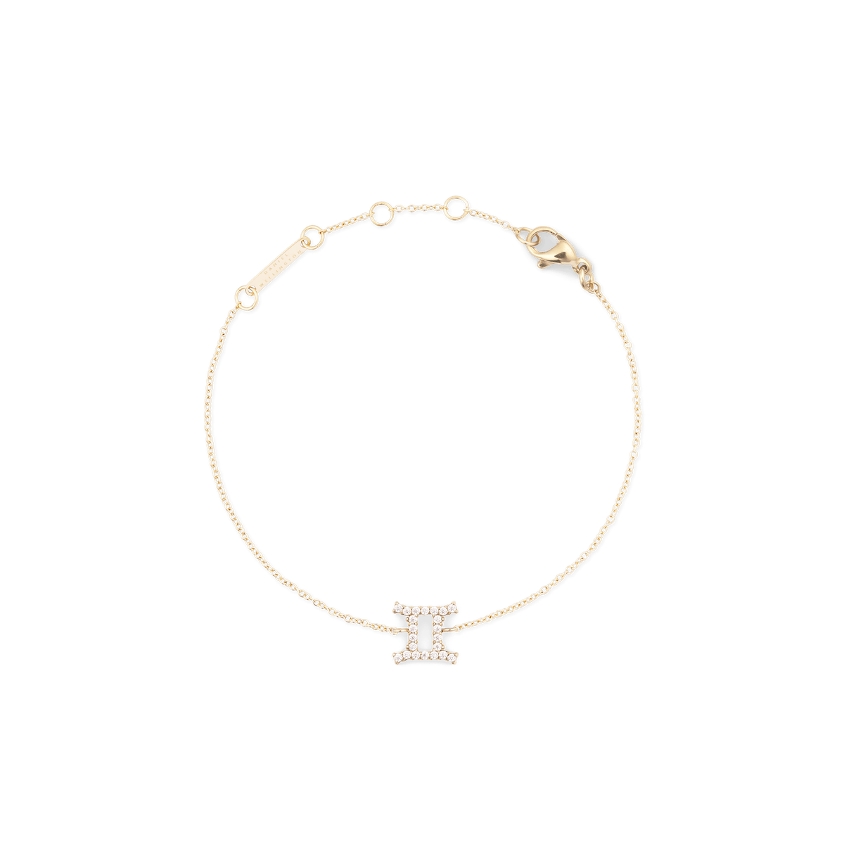 Delicate gold chain bracelet featuring a Gemini zodiac pendant adorned with sparkling crystals and an adjustable clasp.