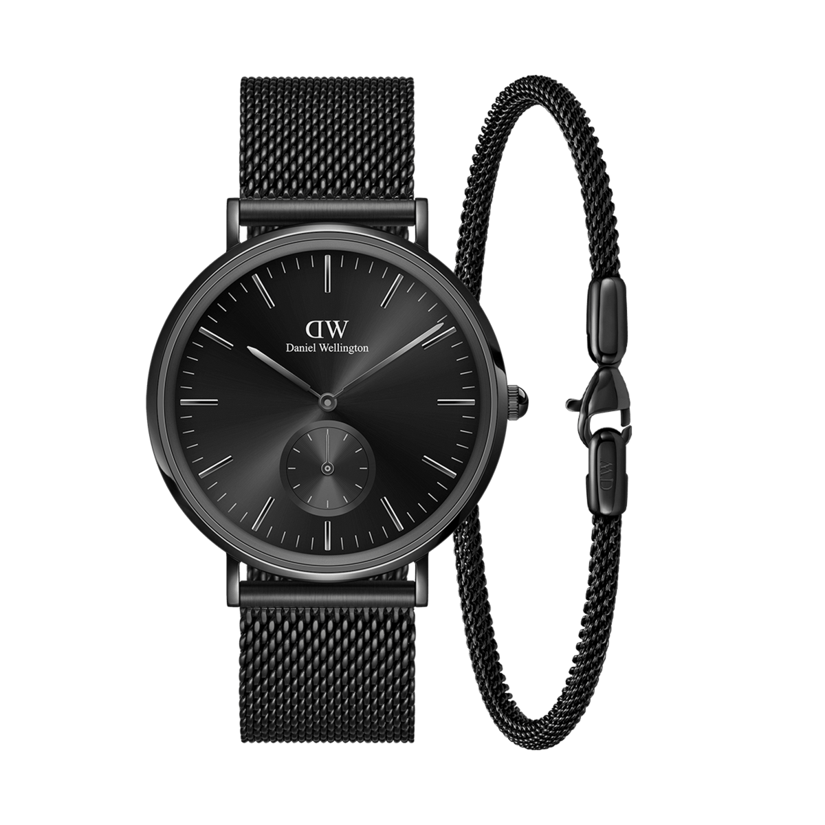 Sleek black Daniel Wellington watch with a minimalist multi-eye dial and matching black mesh strap, paired with a coordinating black bracelet for a refined, modern look.