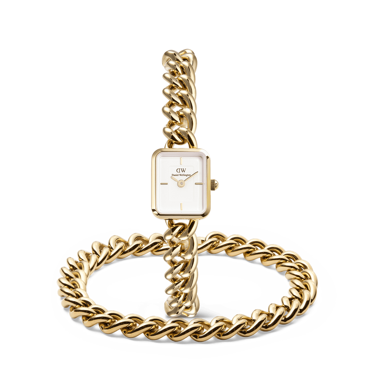 Gold Jolie Chain & Chunky Chain Bracelet Set featuring a square-faced watch with a polished white dial and bold gold chain links, paired with a matching chunky gold bracelet, both styled together for a modern, sophisticated look.