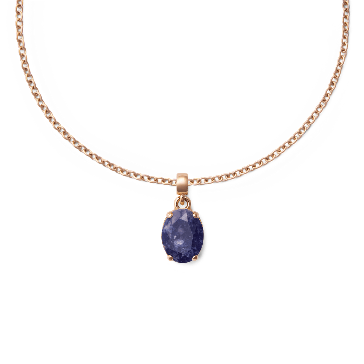 Rose gold necklace featuring an oval blue spot semi-precious stone charm with natural veining, set in a polished rose gold stainless steel pendant.