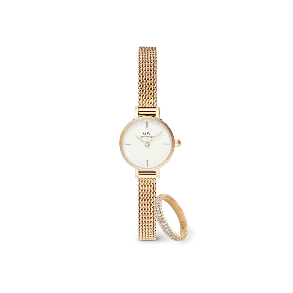 Petite gold mesh strap watch with a minimalist white dial, paired with a delicate pavé crystal ring featuring sparkling stones and a matching gold finish.