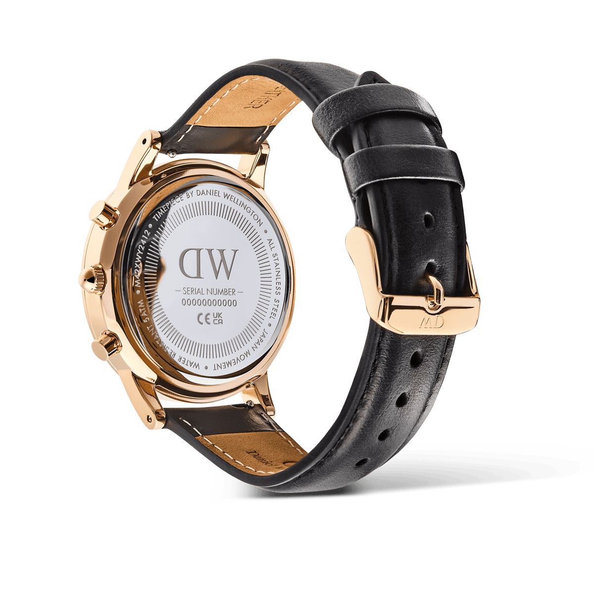 Rear view of the Daniel Wellington Iconic Chronograph Sheffield RG, showing the engraved stainless steel case back, rose gold detailing, and adjustable black leather strap with a polished buckle.