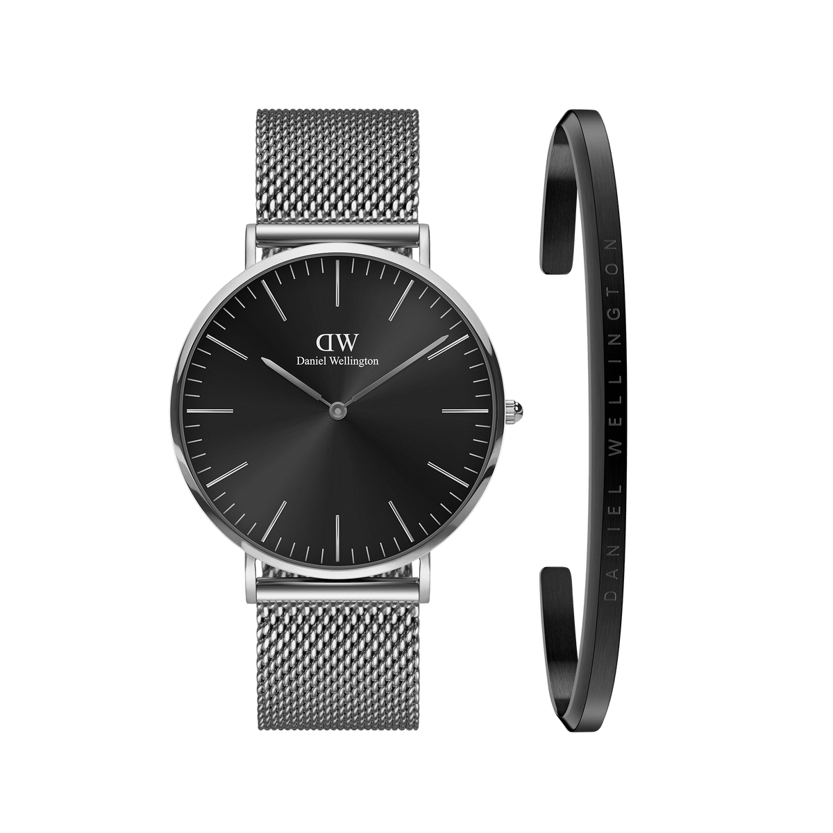 Sleek silver mesh strap watch with a black dial, paired with a minimalist silver bracelet featuring subtle Daniel Wellington branding, both crafted in polished stainless steel for a refined and timeless look.