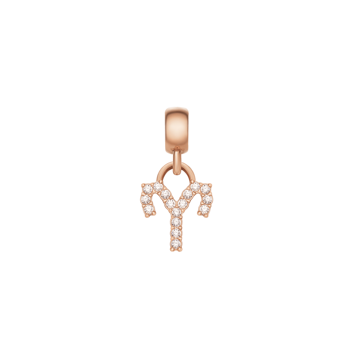 Aries zodiac charm in rose gold stainless steel, set with sparkling cubic zirconia crystals in a petite, elegant design.