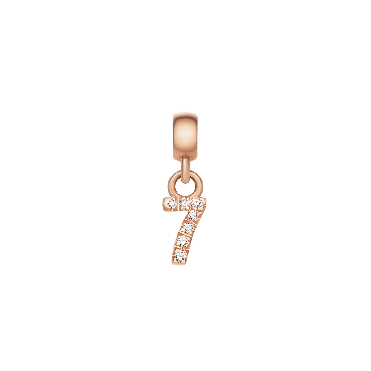 Rose gold number 7 charm with sparkling cubic zirconia stones, designed for personalising jewellery such as bracelets or necklaces.