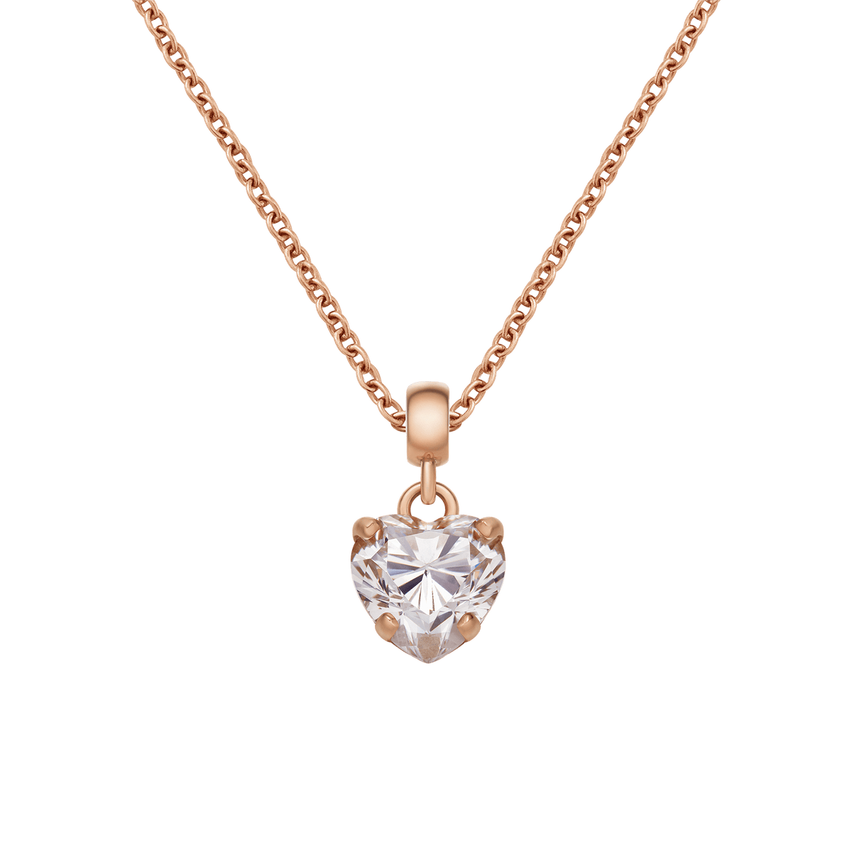 Rose gold necklace featuring a heart-shaped white cubic zirconia charm in a claw setting, designed for a refined and elegant look.