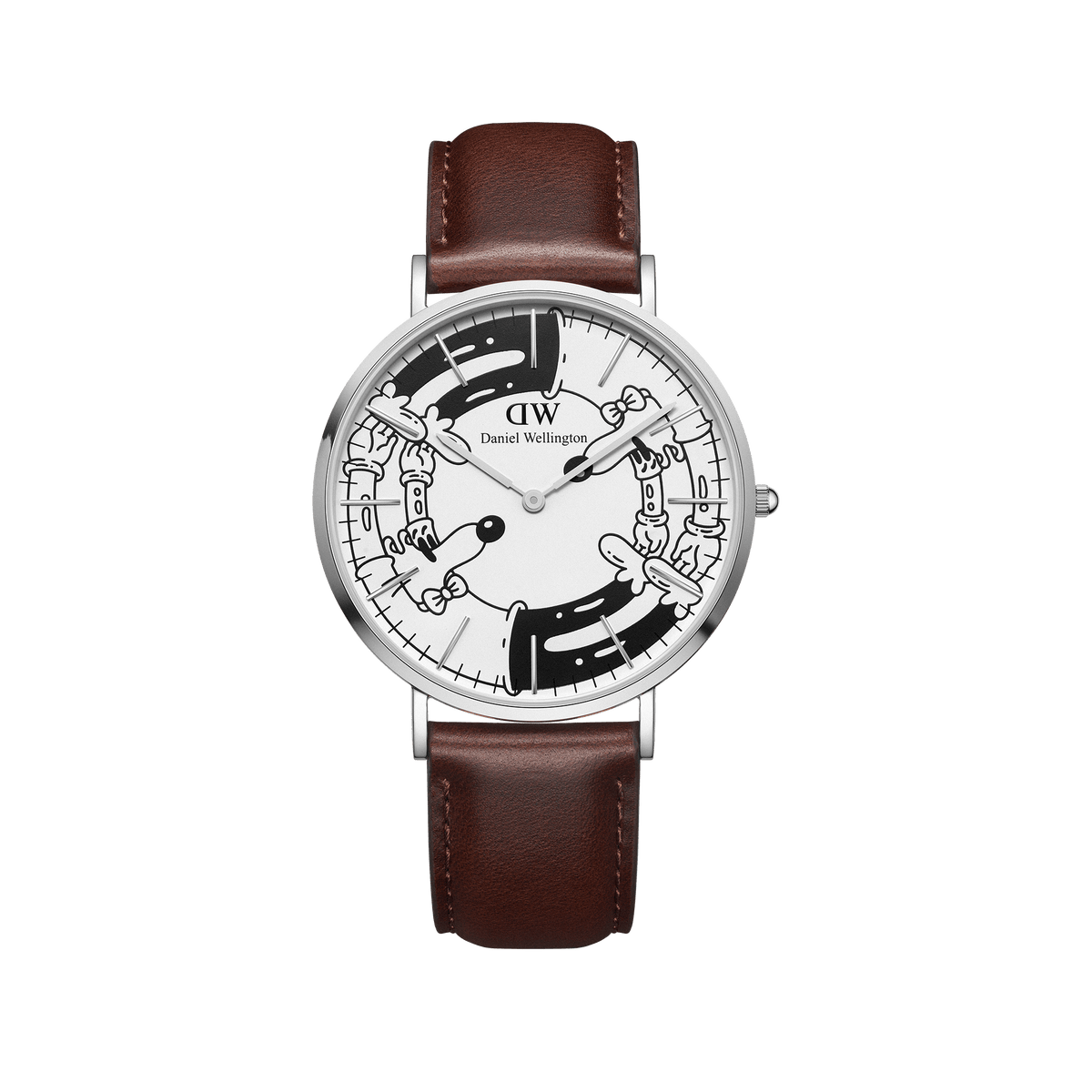 Steven Harrington x DW: Bristol BW dial watch featuring a silver stainless steel case, unique black and white illustrated dial, and a brown genuine leather strap. The playful, artistic design blends classic style with Steven Harrington’s signature psychedelic-pop artwork.
