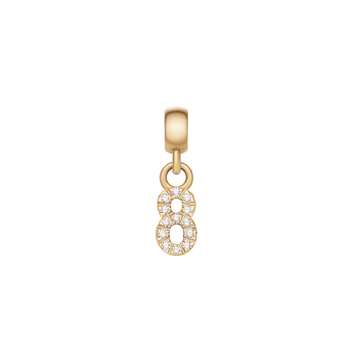 Crystal Number Charm Gold featuring the number 8, crafted in gold-plated stainless steel and embellished with sparkling cubic zirconia.