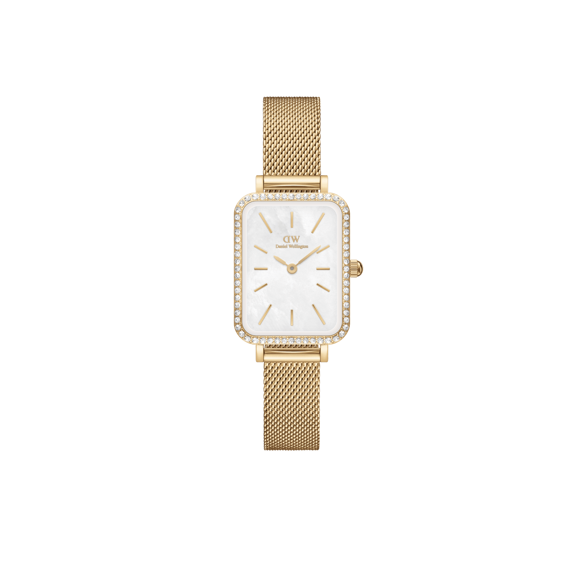 Rectangular gold Daniel Wellington watch with a mother-of-pearl dial, sparkling stone-set bezel, and a fine gold mesh strap.
