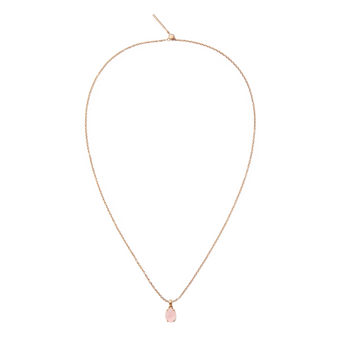 Rose gold necklace featuring an oval rose quartz charm and delicate chain, perfect for layering or everyday wear.