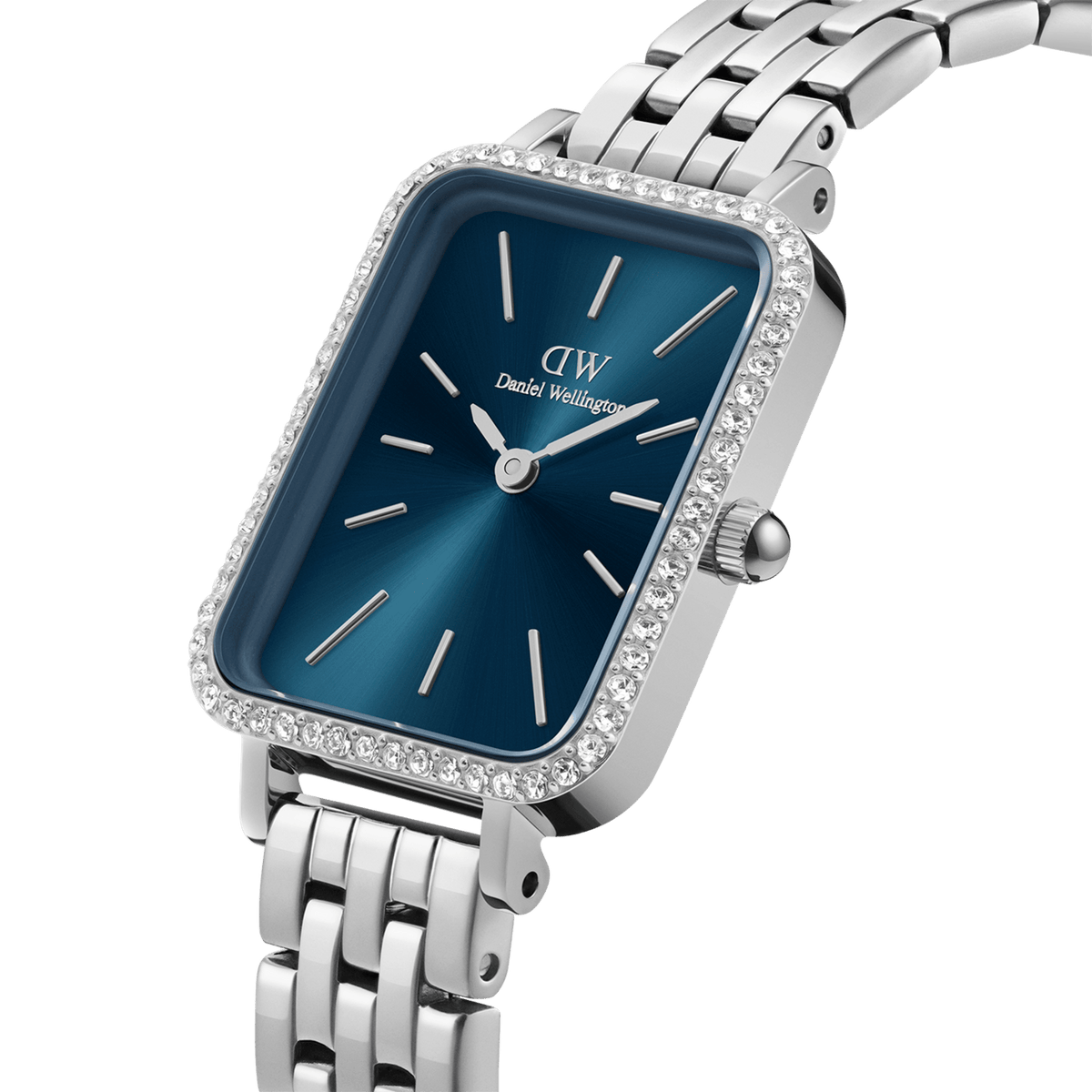 Rectangular ladies’ silver watch with arctic blue sunray dial, crystal bezel, and polished 5-link stainless steel strap.