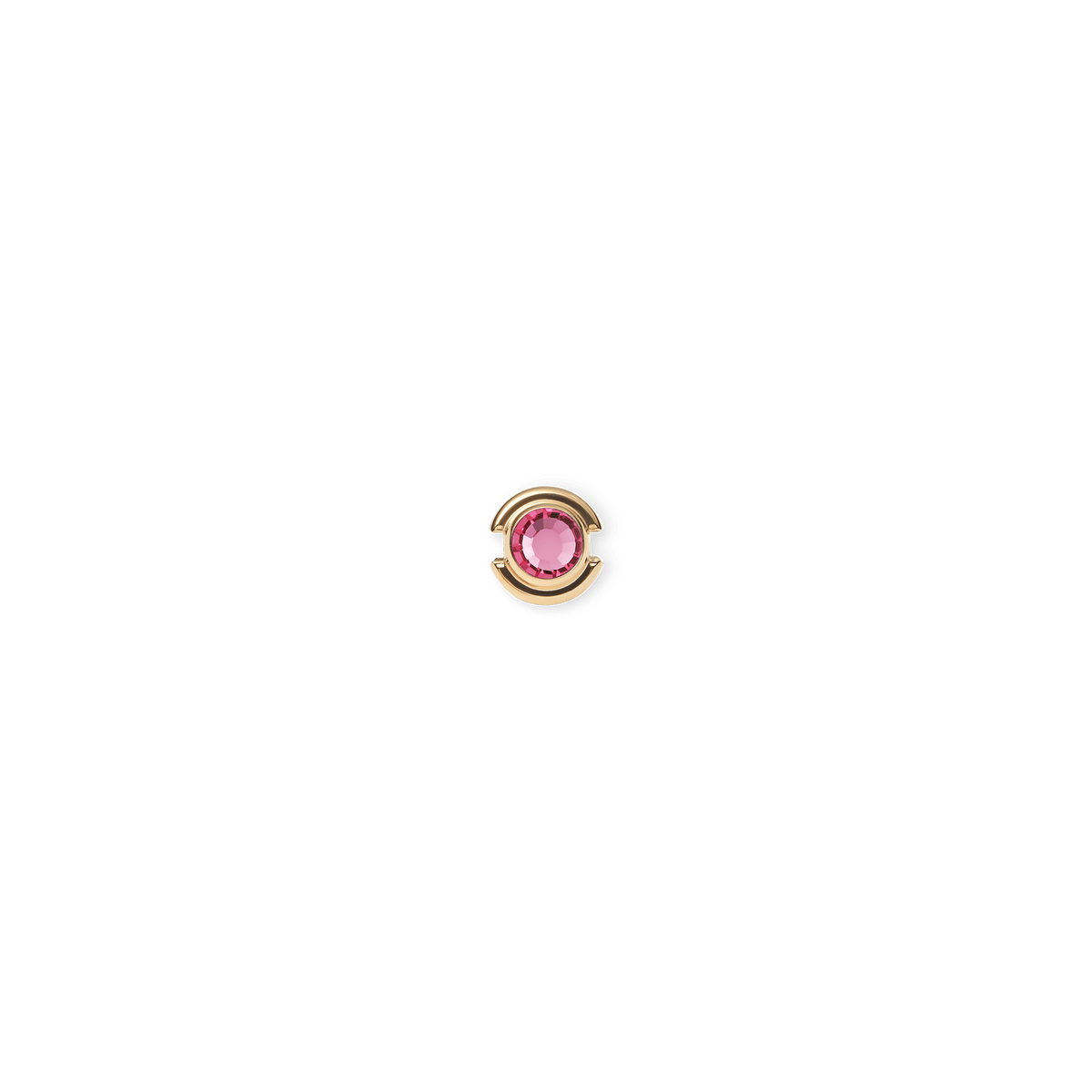 Gold charm featuring a rose-coloured crystal centre, set in a minimalist gold-plated stainless steel frame, designed for bracelets or necklaces.