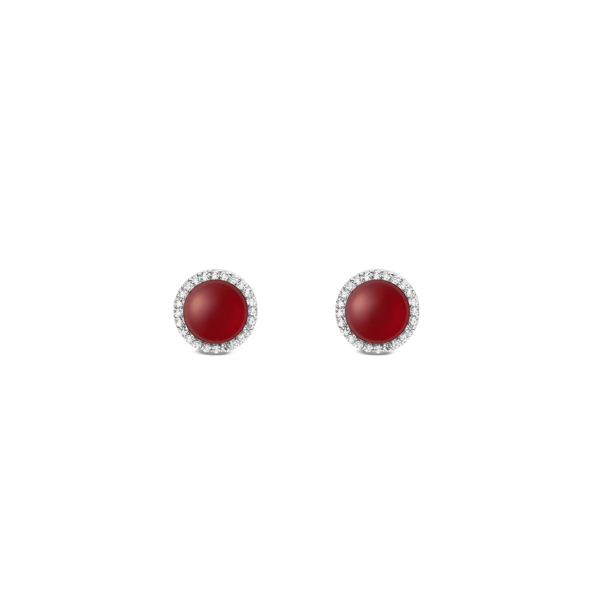 Red agate and silver stud earrings with sparkling cubic zirconia halo, elegant petite design, perfect for special occasions.