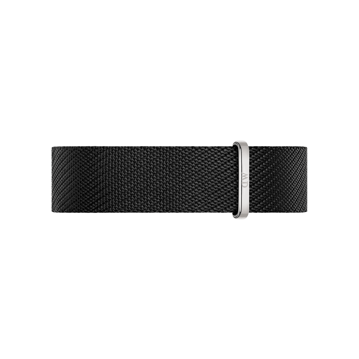 Black NATO watch strap crafted from recycled nylon with a polished silver buckle, featuring a premium twill weave for added durability and comfort.