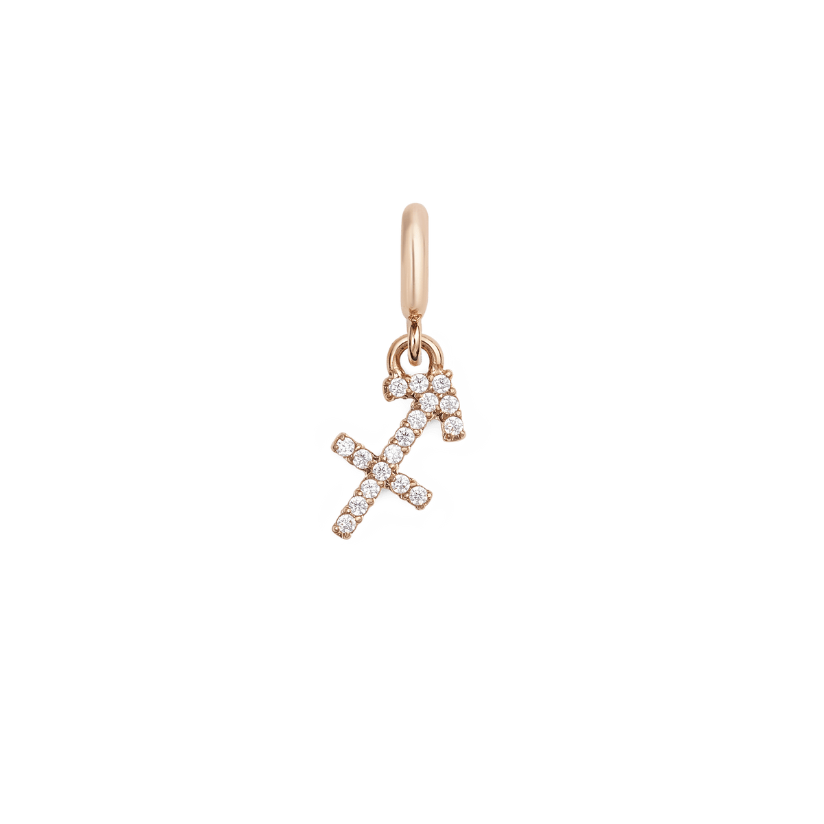 Sagittarius zodiac watch charm in rose gold, featuring the Sagittarius symbol detailed with sparkling cubic zirconia crystals on a polished stainless steel charm.