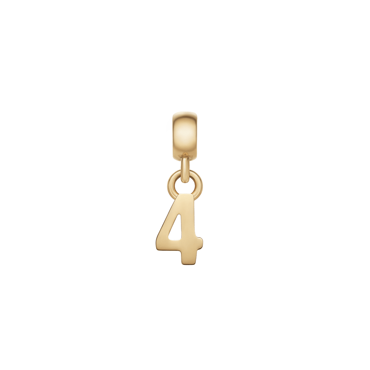 Number 4 gold charm with a smooth, polished finish and minimalist design, crafted from stainless steel with PVD gold plating for bracelets or necklaces.