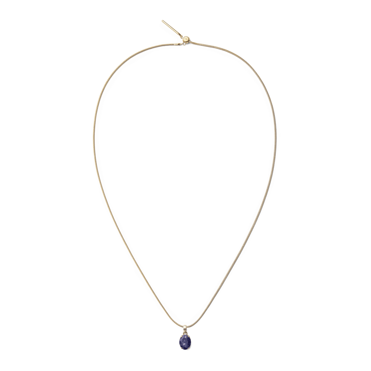 Elegant gold necklace featuring a delicate oval blue spot semi-precious stone charm with natural veining, set in a polished gold-plated frame.