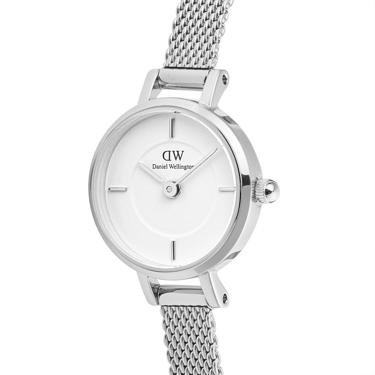 Close-up of Petite Mini Sterling women’s silver watch with minimalist white dial and fine mesh stainless steel strap.