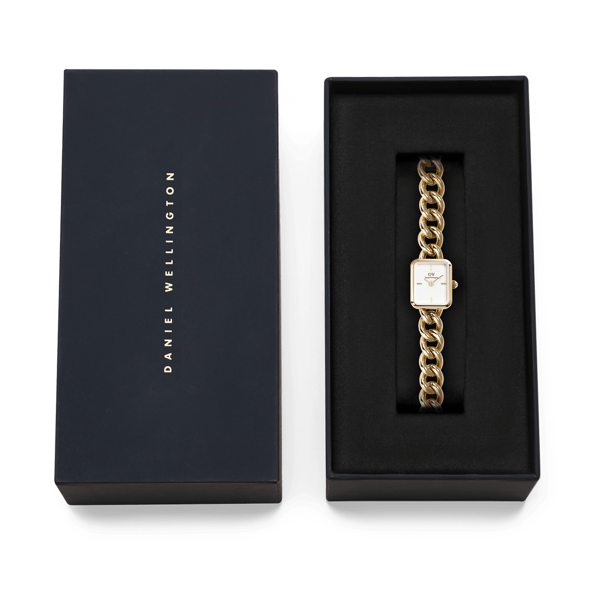 Jolie Chain Rose Gold women’s watch with a square white dial and chunky rose gold chain bracelet, elegantly presented in a black Daniel Wellington gift box.