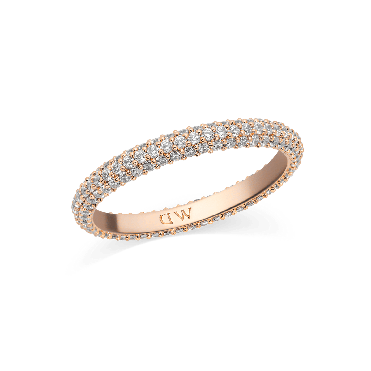 Slim rose gold pavé ring featuring three rows of sparkling white cubic zirconia crystals, set on a polished band with a subtle