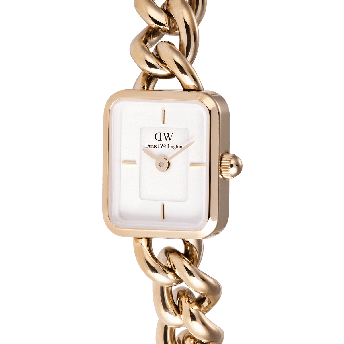 Close-up of the Jolie Chain Rose Gold women’s watch, highlighting the square white dial, polished rose gold case, and chunky chain bracelet for a refined, jewellery-inspired look.