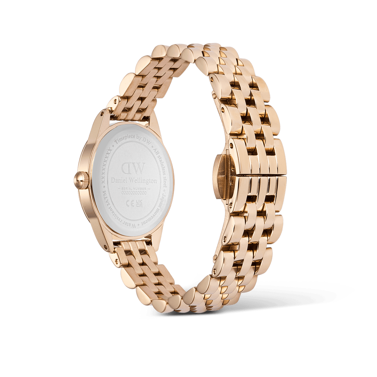 Ophelia Mini Rose Gold women’s watch shown from the back, highlighting the engraved stainless steel case and polished rose gold beans link bracelet with a butterfly clasp.