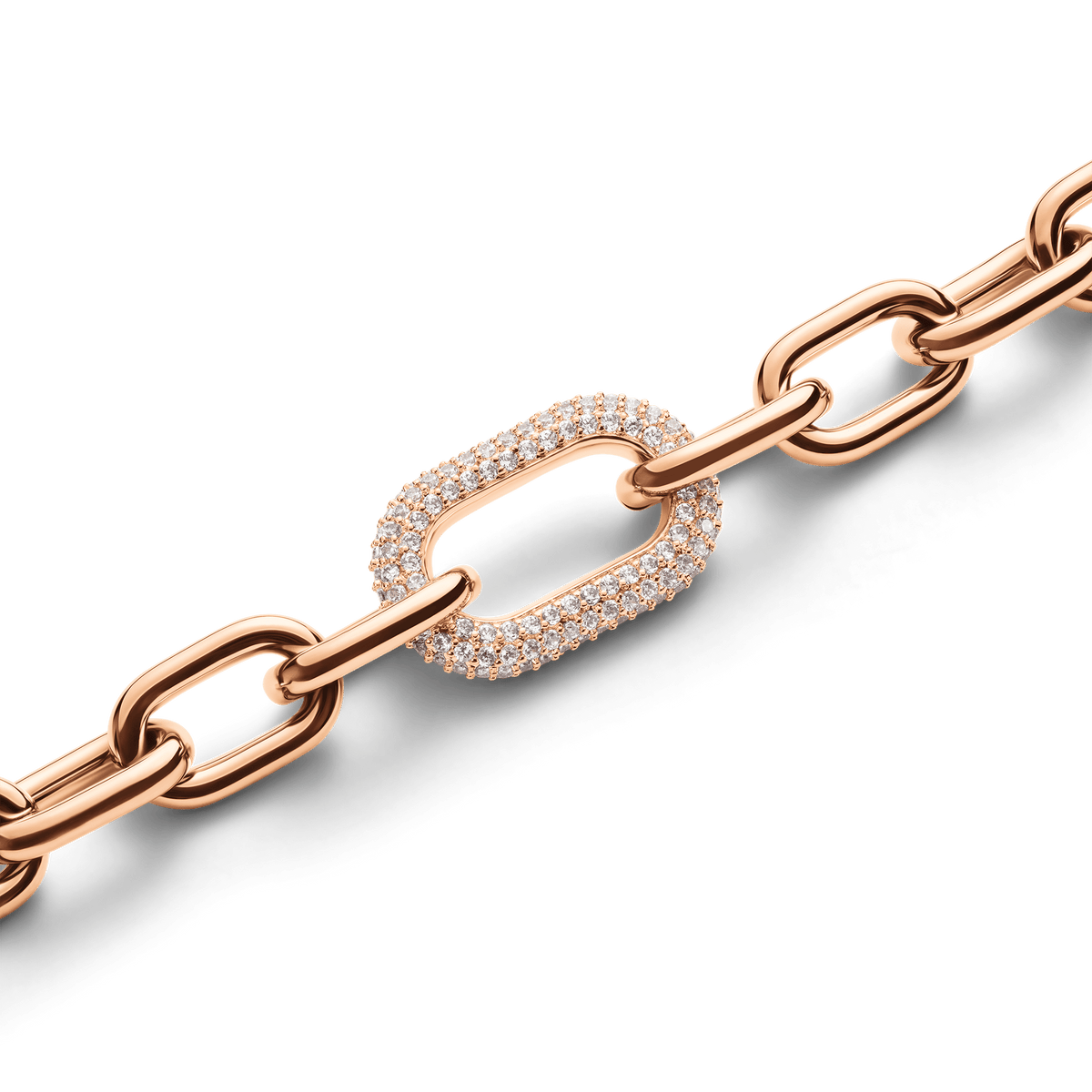 Rose gold chain bracelet featuring a distinctive oval link encrusted with sparkling crystals, offering a refined and elegant finish.